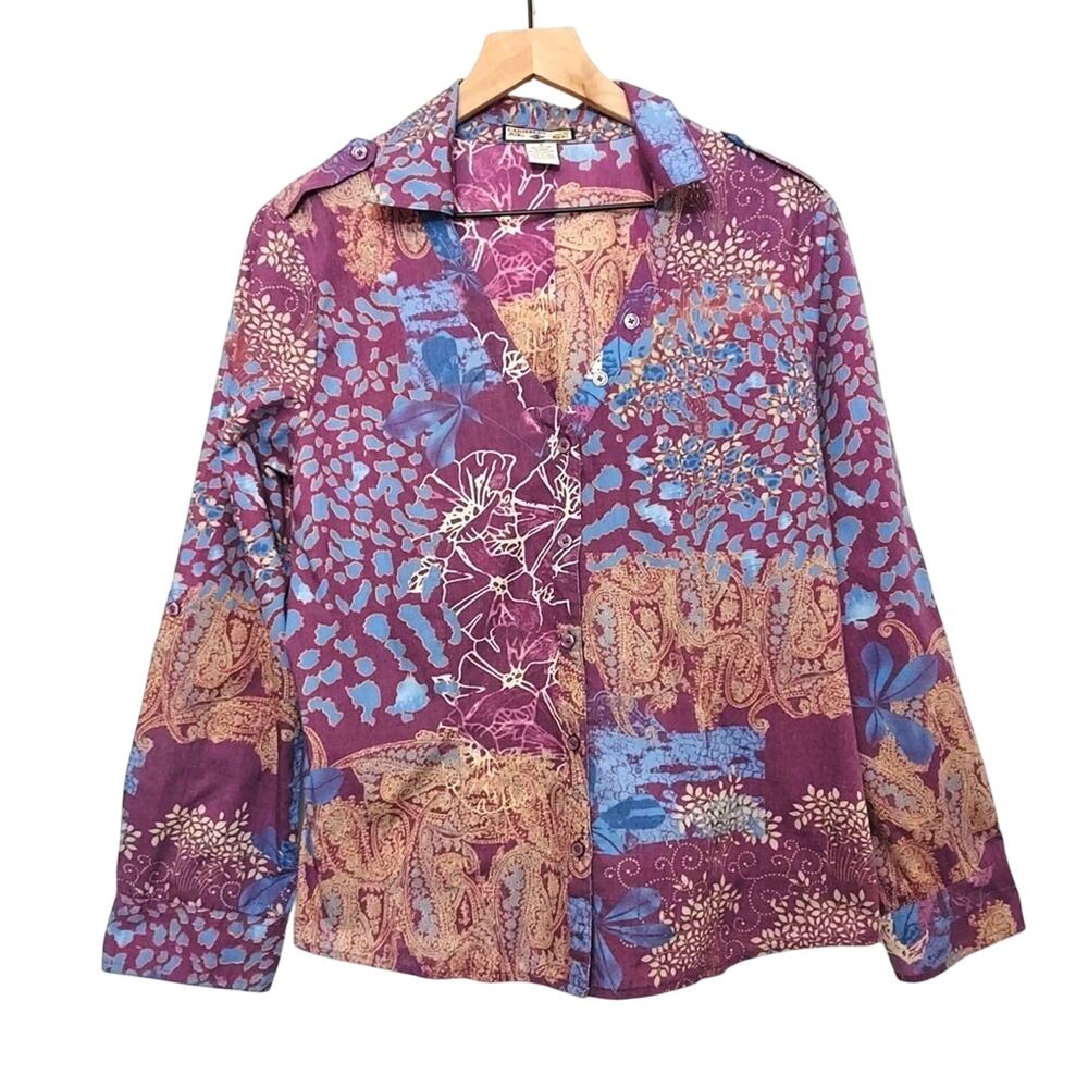 Caribbean Joe Purple Blue Floral Paisley Long Sleeve Button Up Shirt Top Medium